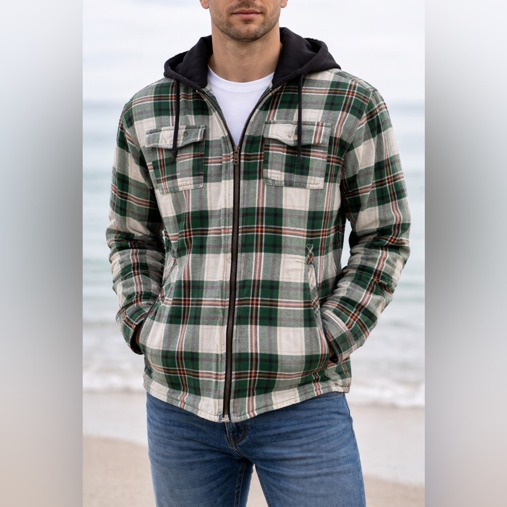 Kismet size xs Green Plaid Zip-Up Sweater Jacket gray hood fall campfire vibes